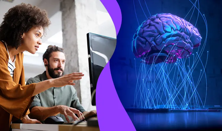 Color illustration of man and woman working on digital brain.