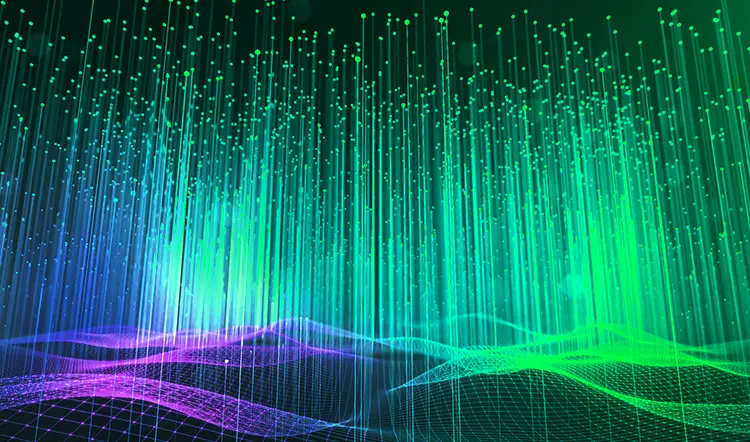 Color illustration of digital rain falling on hills.