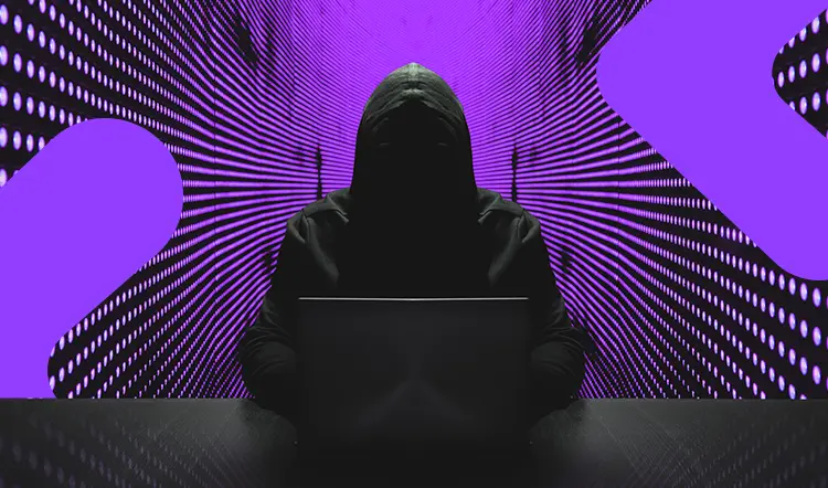 Color illustration of hacker typing on laptop PC.
