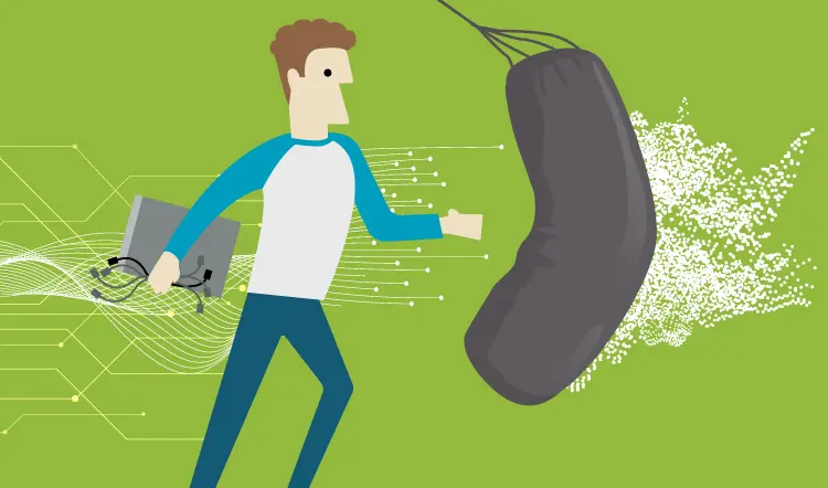 Color illustration of man holding laptop PC and hitting punching bag.