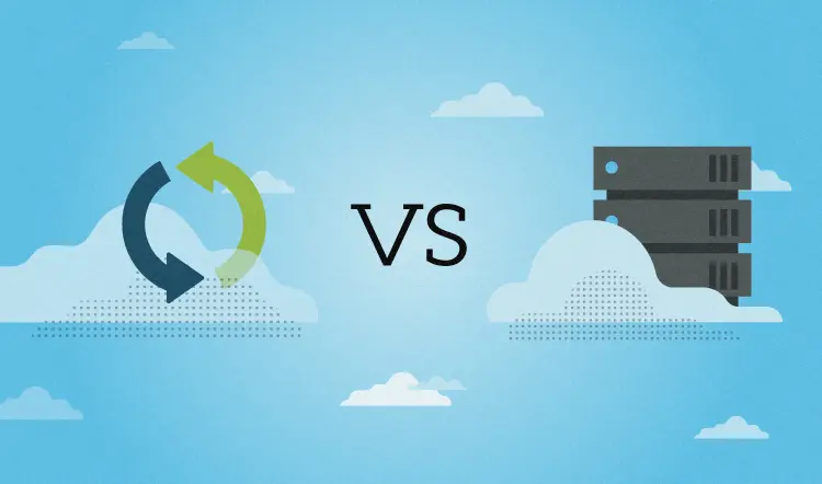 Color illustration showing clouds and a server.