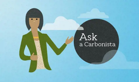 Color illustration of a woman pointing to the words: Ask a Carbonista.