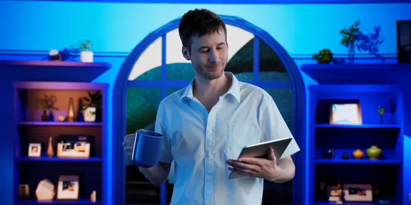 Man holding coffee cup and laptop PC.