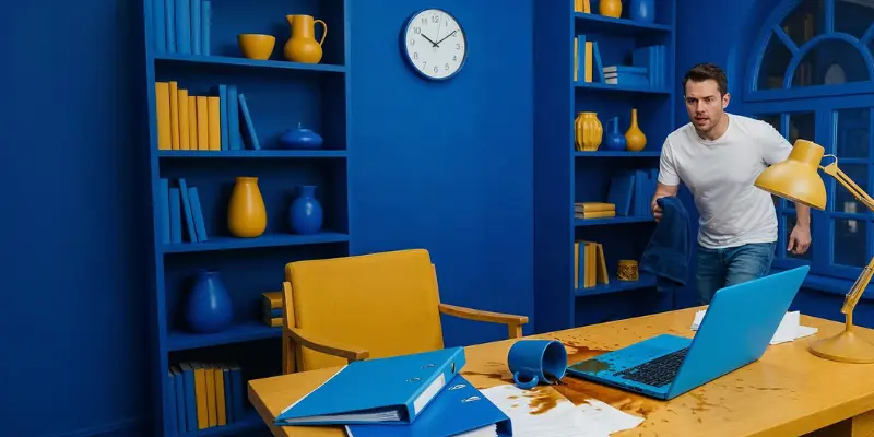 Man rushing toward his laptop PC with a cup of coffee.