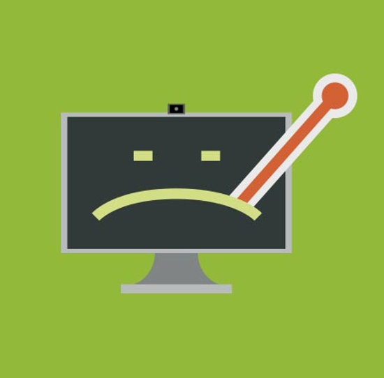 Color illustration of a sick computer, with screen displaying a frowny face.