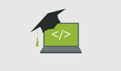 Color illustration of laptop computer wearing a graduation cap.