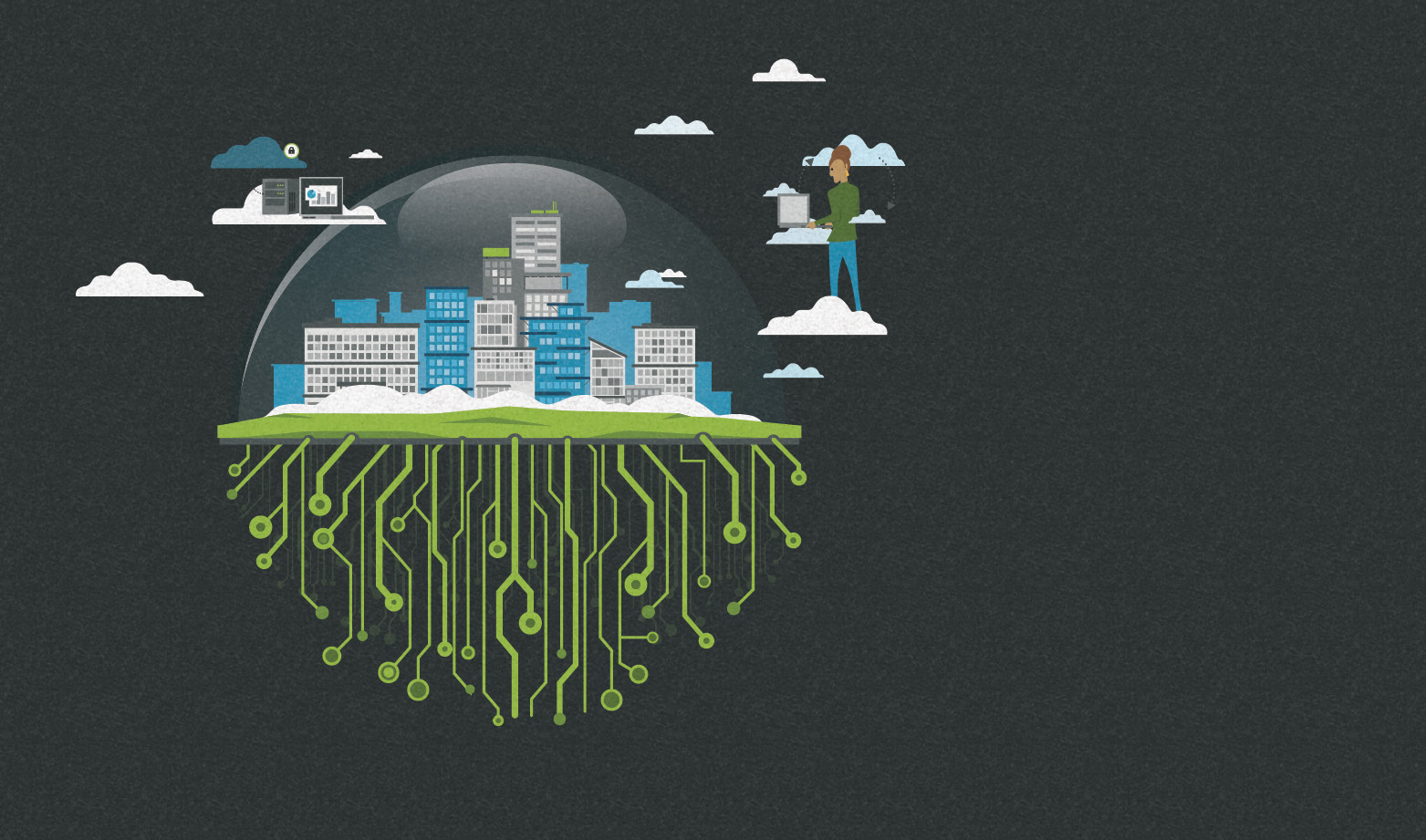 A cartoon image of buildings under a globe with someone standing in a cloud working on a laptop.