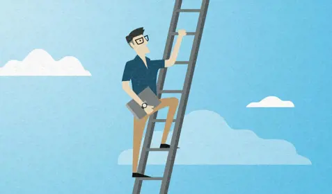 Color illustration of man climbing ladder while holding laptop computer.