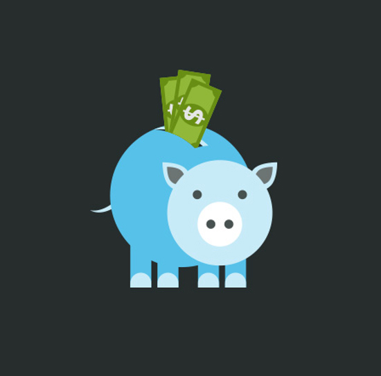 Color illustration of piggy bank receiving cash.