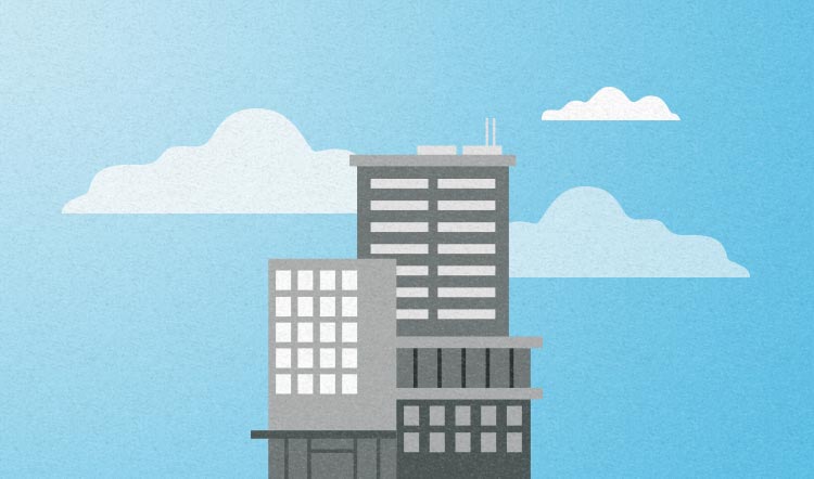 Color illustration showing the buildings of small and medium-sized businesses.