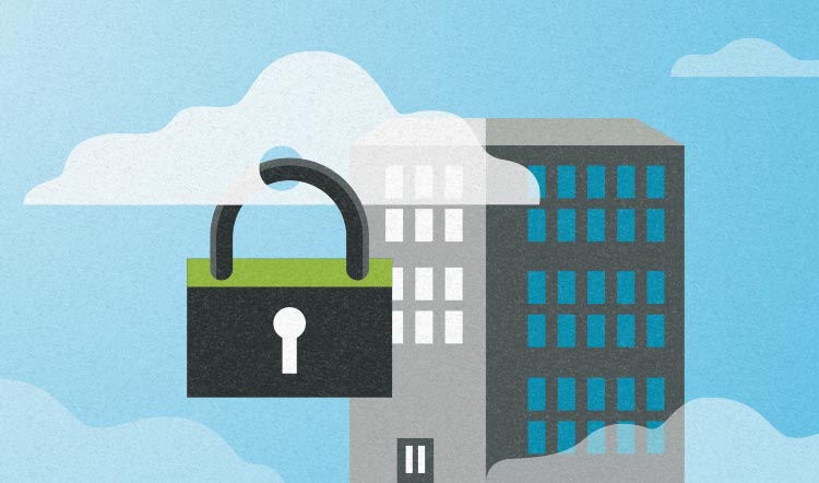 Color illustration showing the buildings of small and medium-sized businesses in a secure cloud.