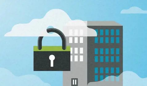 Color illustration showing the buildings of small and medium-sized businesses in a secure cloud.