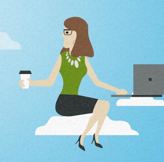 Color illustration of woman giving a presentation using data from cloud storage devices.