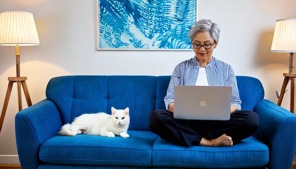 Older woman sitting on couch while working on laptop PC.