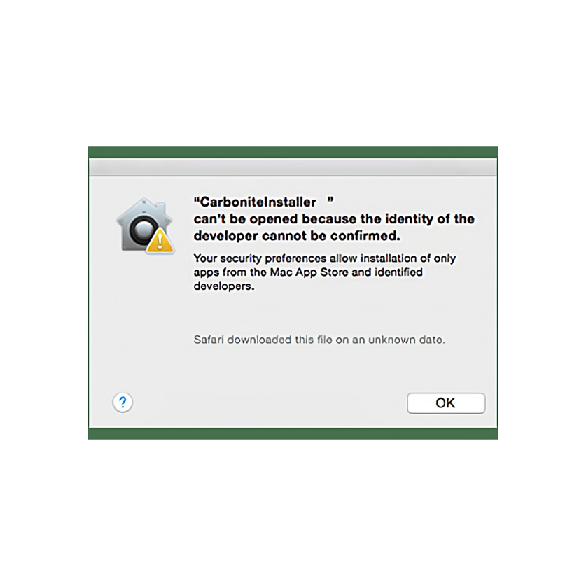 Warning that your security preferences don’t allow Carbonite to install because developer is unidentified.