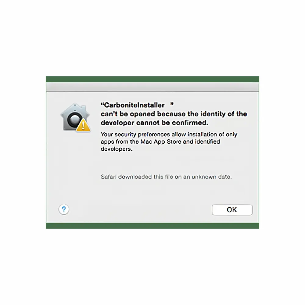 Computer screenshot of Macintosh Gatekeeper error.