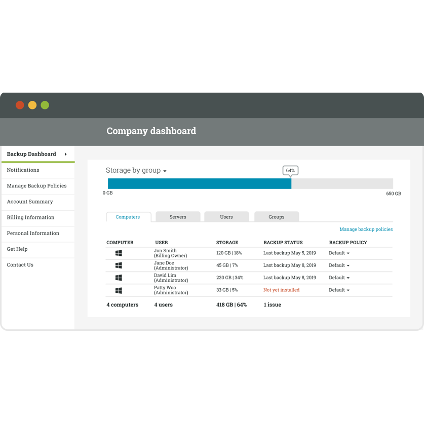 Screenshot of application dashboard