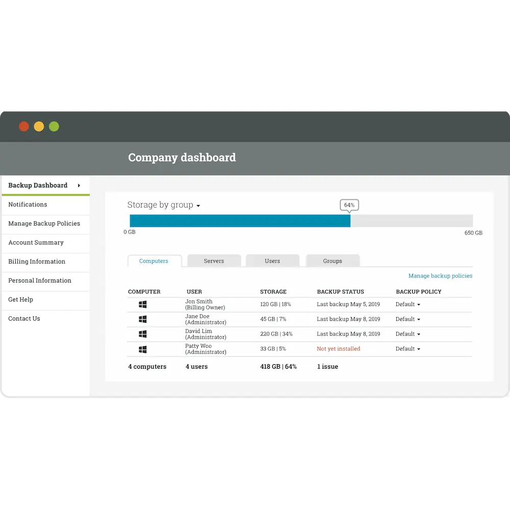 Computer screenshot of an example backup dashboard.