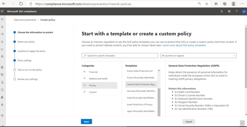 Microsoft 365 DLP policy creation screen with GDPR template selected