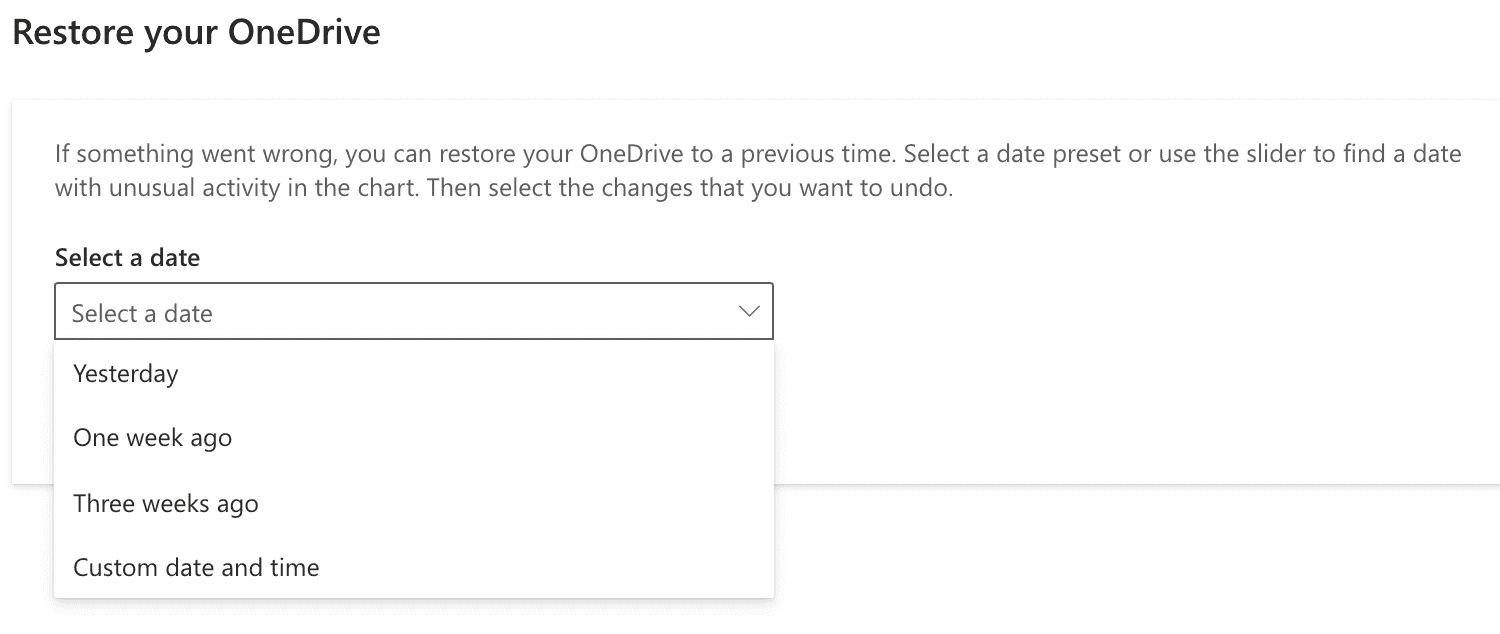 Restore OneDrive: Select date for recovery