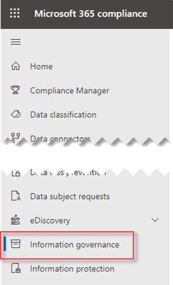 Microsoft 365 compliance menu highlighting Information governance