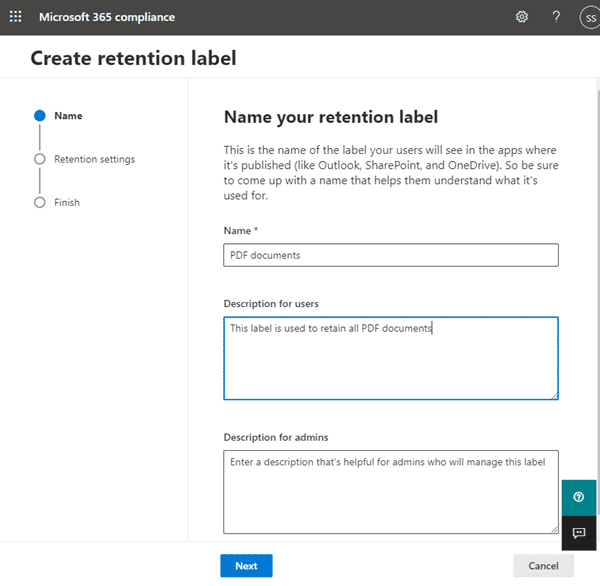 Microsoft 365 retention label creation: PDF documents name and description