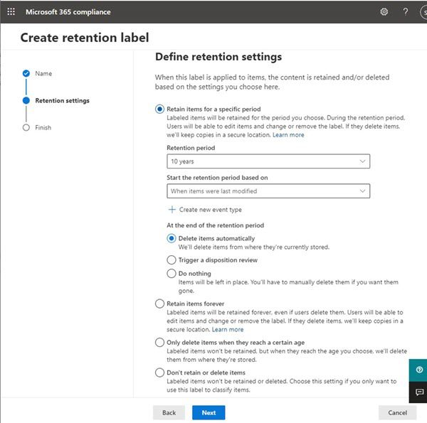 Microsoft 365 retention settings defining item retention period and deletion