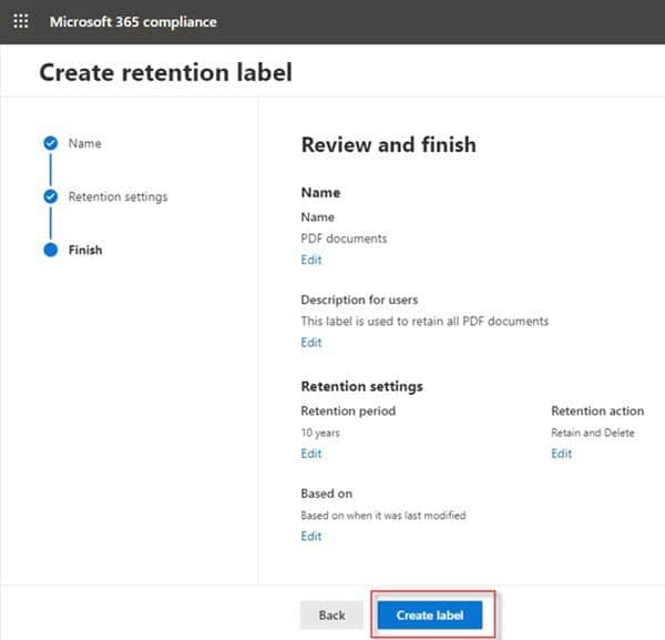 Microsoft 365 retention label creation screen for PDF documents