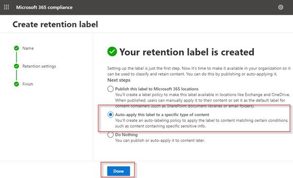 Microsoft 365 retention label auto-apply settings