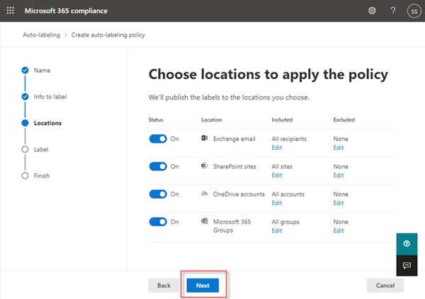 Microsoft 365 auto-labeling policy: choose locations to apply