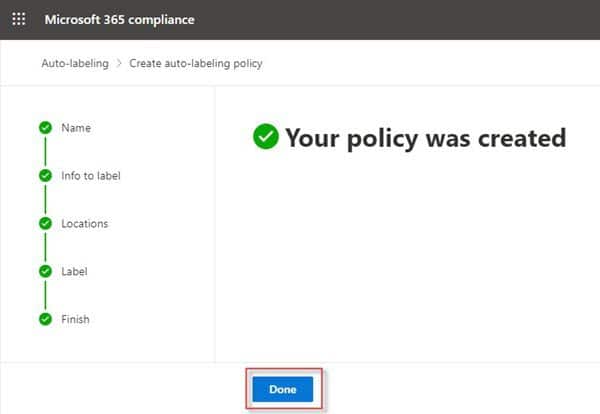 Microsoft 365 auto-labeling policy creation complete