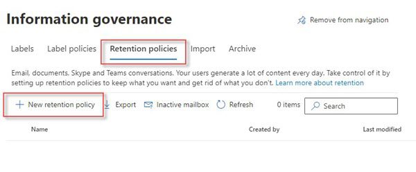 Microsoft 365 Information Governance: New retention policy creation
