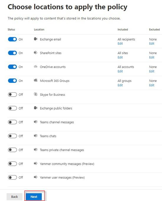 Microsoft 365 retention policy locations: Exchange, SharePoint, OneDrive, Groups, Skype, Teams, Yammer
