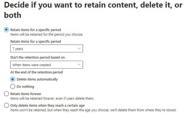 Microsoft 365 retention policy options: retain, delete, or both