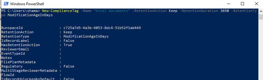 PowerShell output showing compliance tag for Excel documents with 3650-day retention