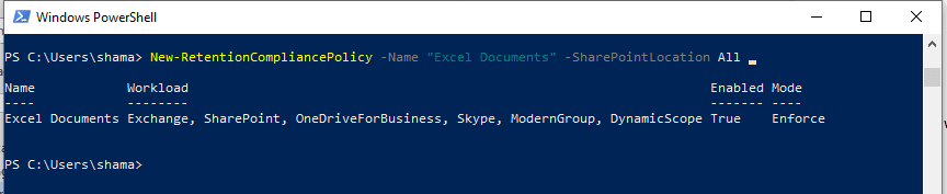 Windows PowerShell command to create a retention policy for multiple Microsoft 365 workloads