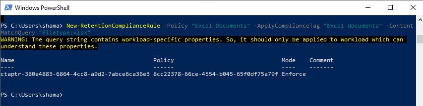 PowerShell command creating Excel document retention policy with filetype xlsx