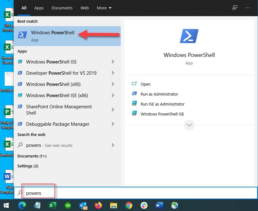 Windows PowerShell search result highlighted in Windows search bar