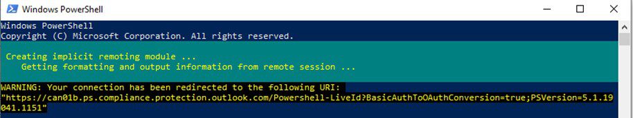 PowerShell output shows redirection warning with remote URI
