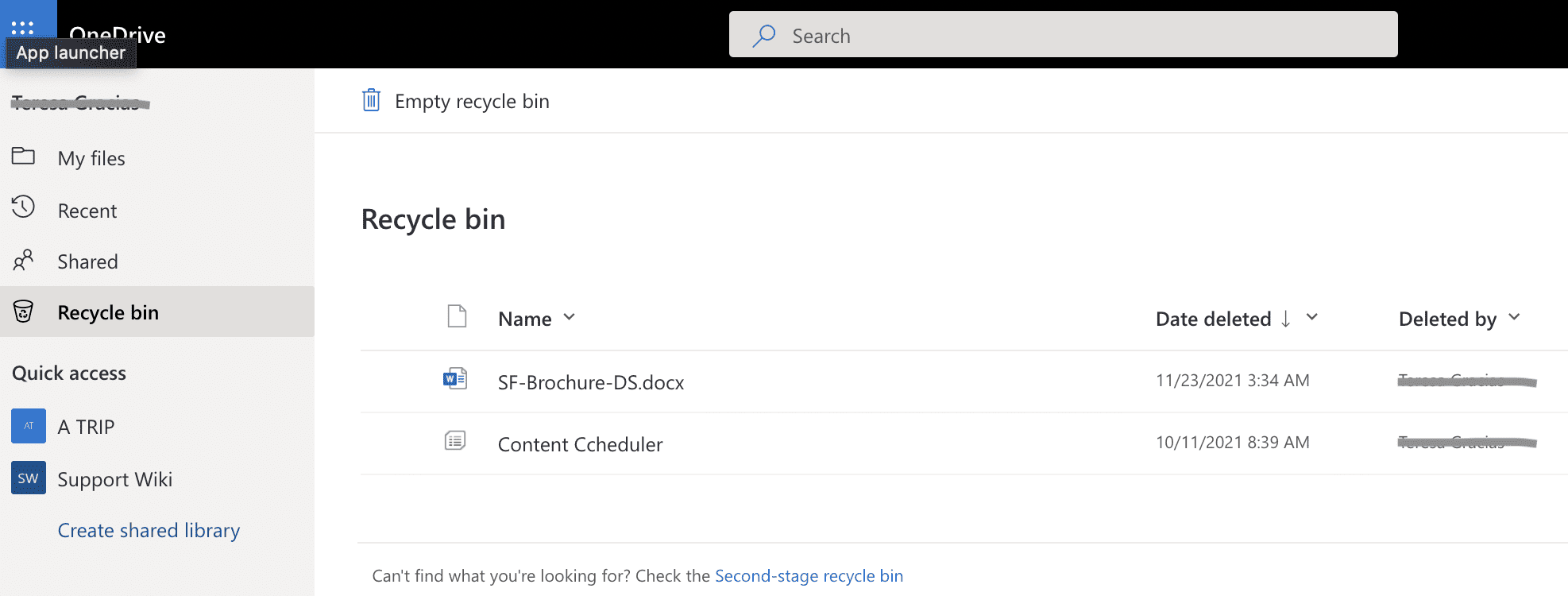 OneDrive recycle bin showing deleted files for recovery