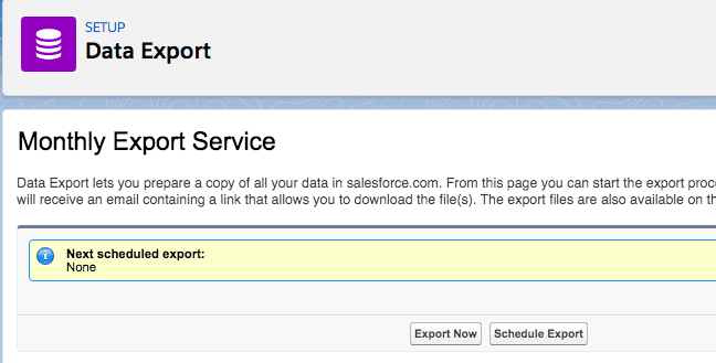 Salesforce Monthly Data Export Service setup page