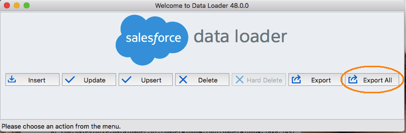 Salesforce Data Loader: Export All button selected for data export