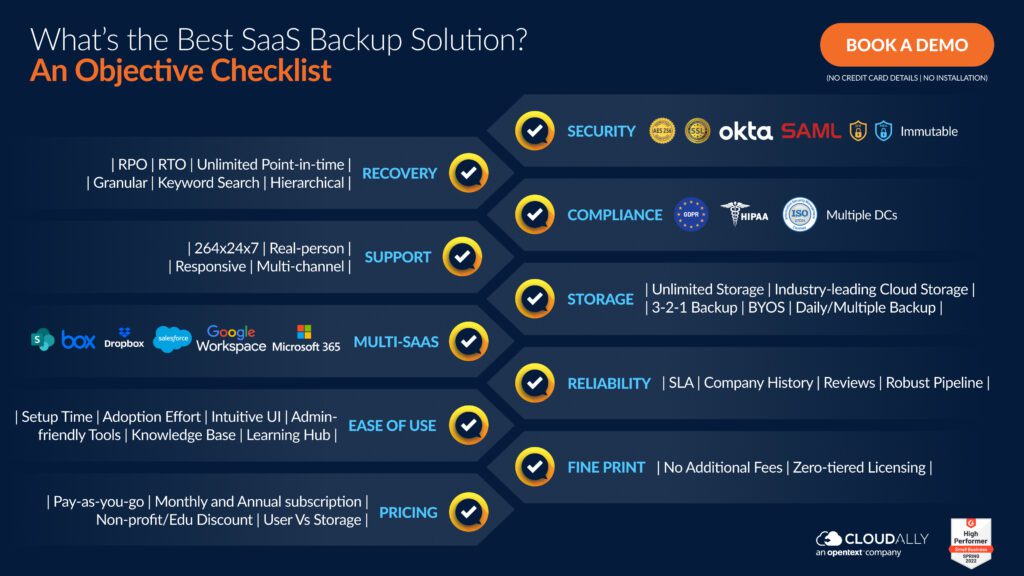 SaaS backup checklist: security, compliance, storage, multi-SaaS, reliability, ease of use, pricing