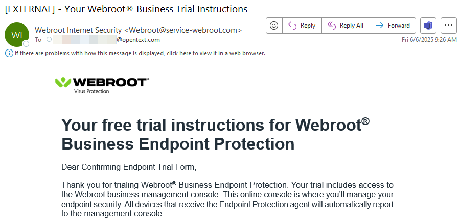 Screenshot of the email describing how to use the endpoint protection trial.